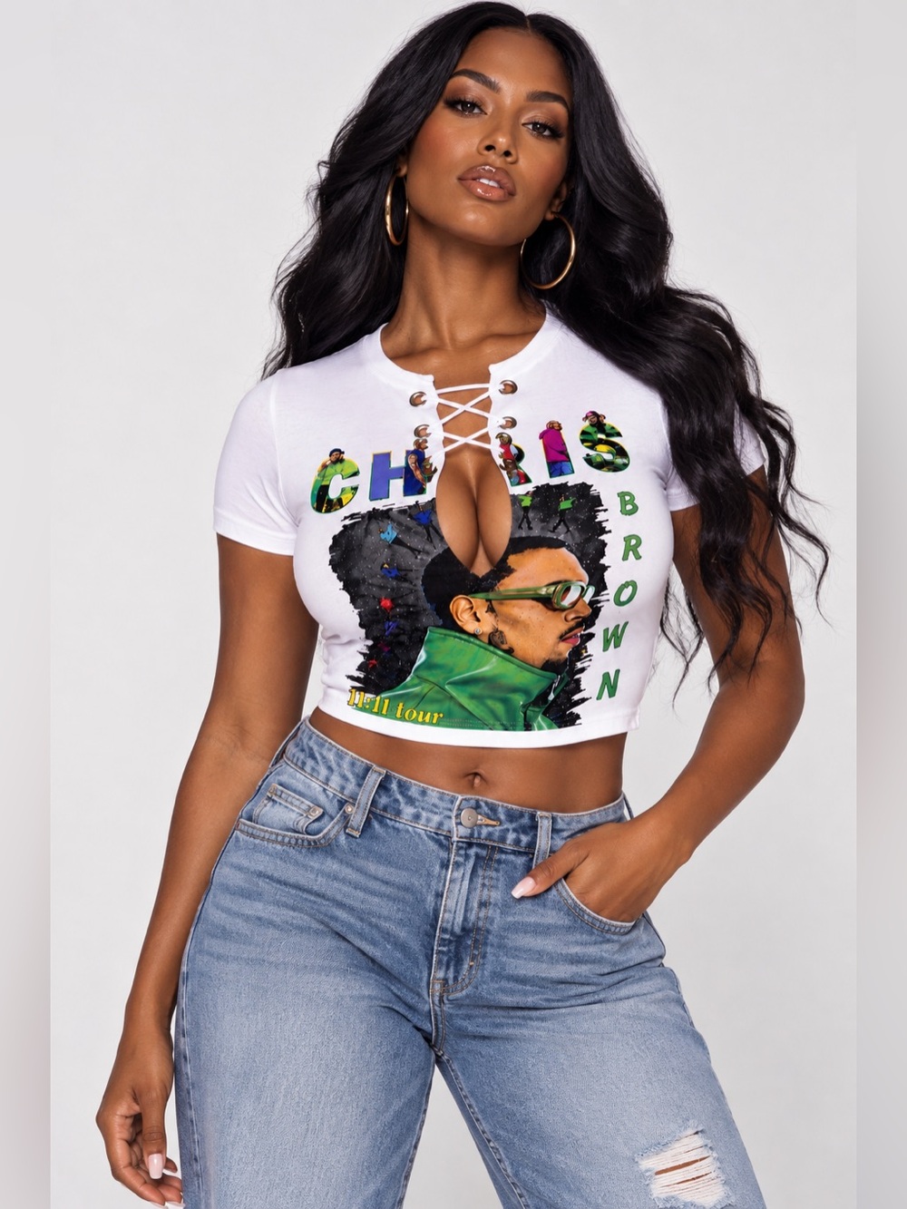Chris Brown 11:11 Tour Lace Up Crop Top Shirt White Graphic Tee Women’s 2XL